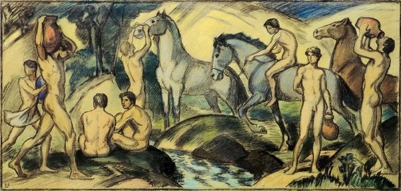 Giovani e cavalli davanti alla sorgente, 1917